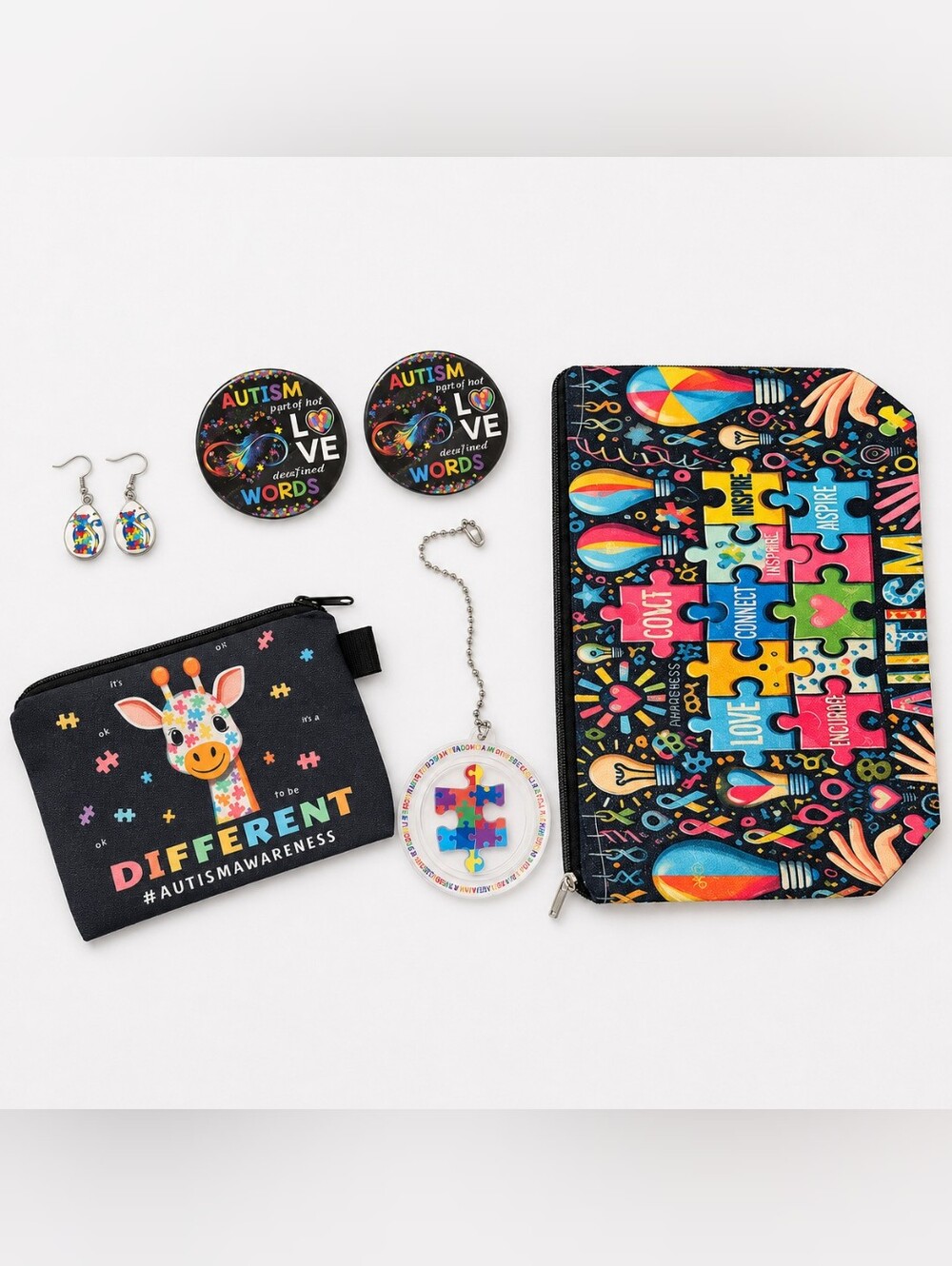 Autism Awareness 5 Pc Bundle Earrings, Car Coasters, Pouches & Mirror Charm